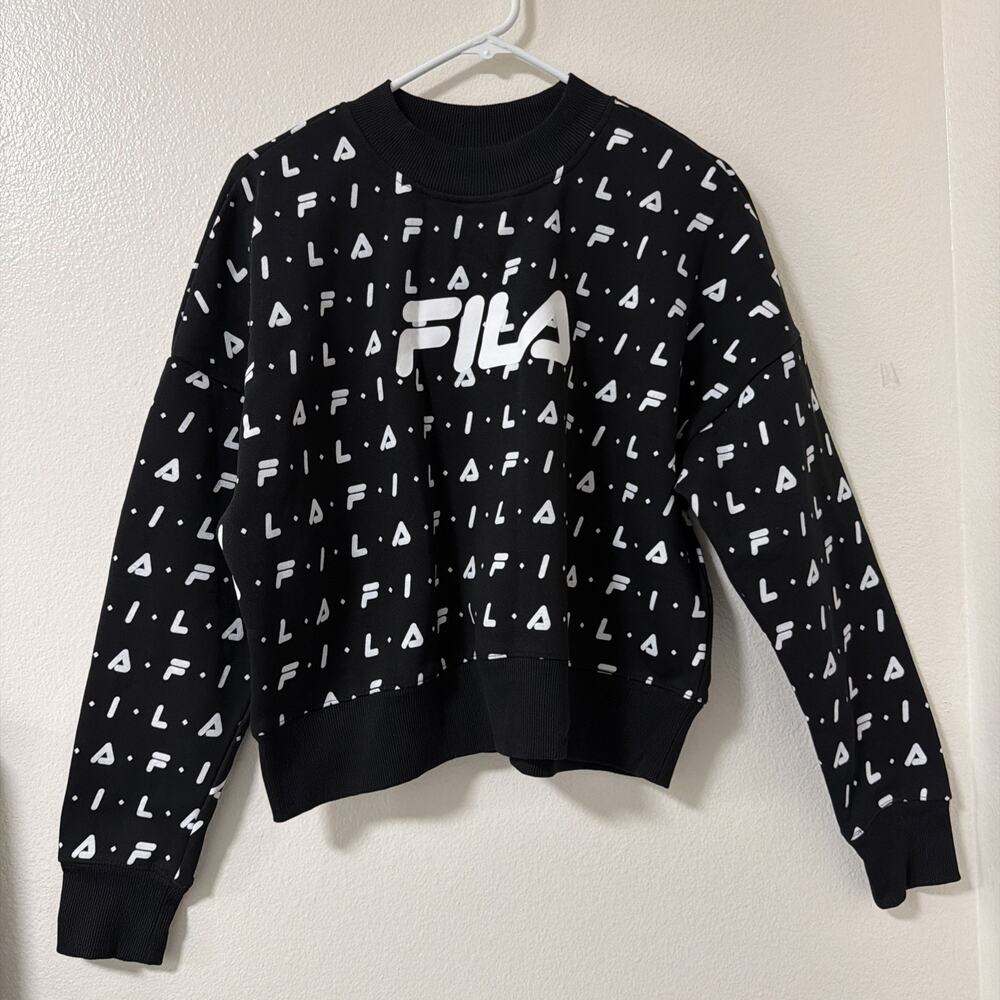Fila Cropped Sweatshirt Women’s Large Black Logo Print Pullover Streetwear